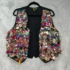 Vintage AJ Womens Western Sz S Silk Hippie Fringe Vest Multicolor Boho Oversized